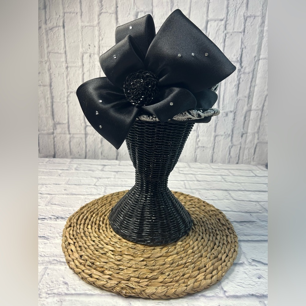 Vintage Ms. Hi’s Classic Black and Light Gray Burnout Pattern & Large Silk Bow.